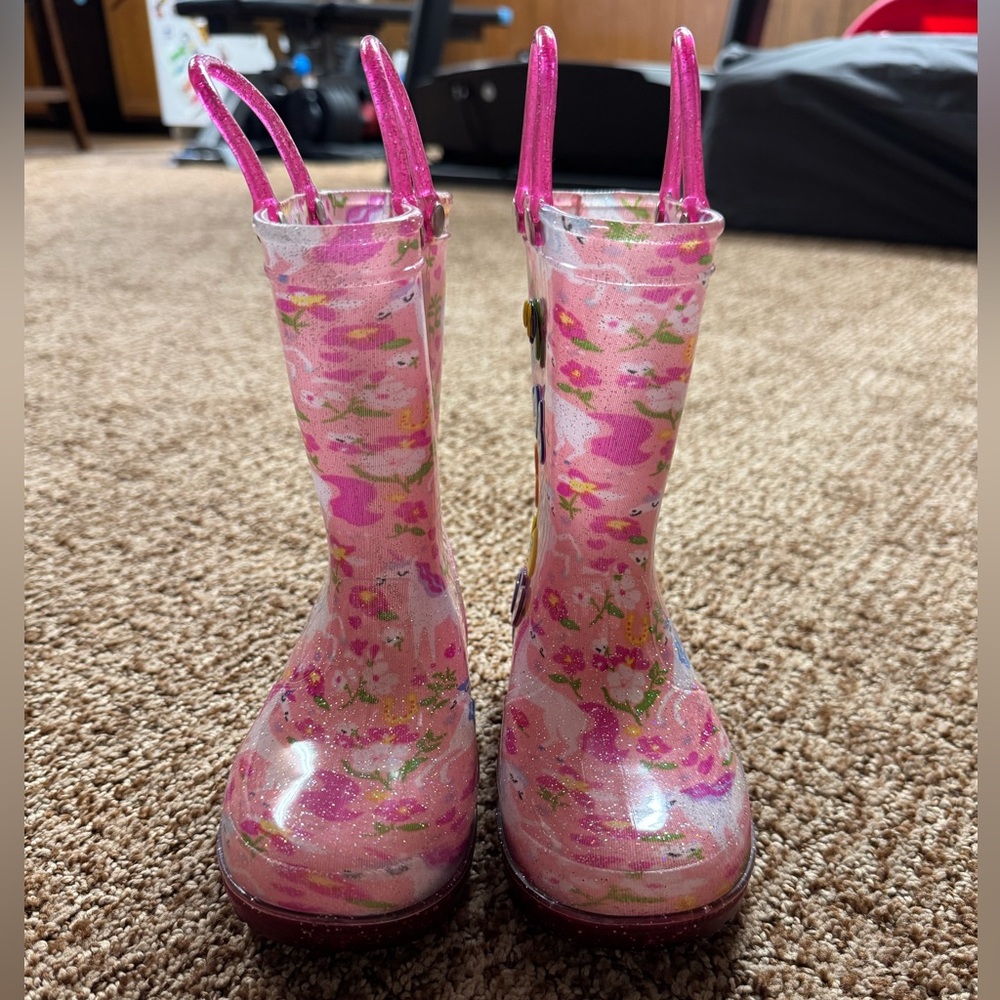 Toddler Girl Pink Floral and Unicorn Rain Boots Size 7/8 - Picture 2 of 4